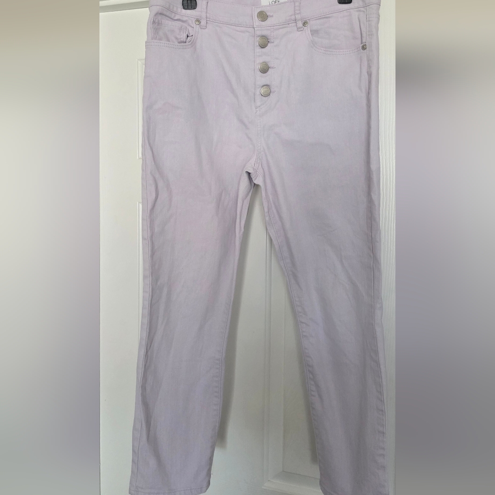 Loft women ankle crop pants slim fit high rise button  size 8 Lavender stretch